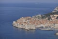 Aerial view of Old Town (Stari Grad), city walls and a port for tourist ships by Adriatic Sea, Dubrovnik, Croatia